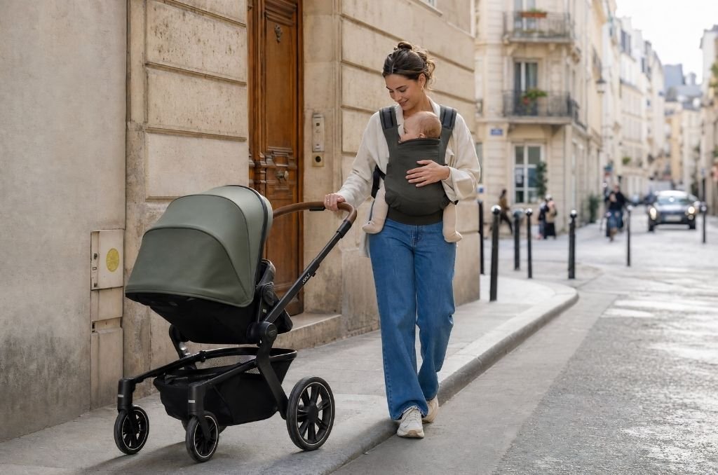 Maman avec poussette et porte-bébé physiologique pour les sorties avec bébé