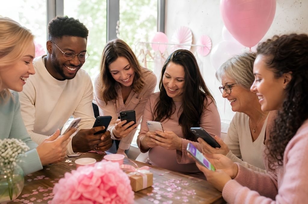 Proches souriants qui participent à une cagnotte naissance en ligne lors d'une baby shower