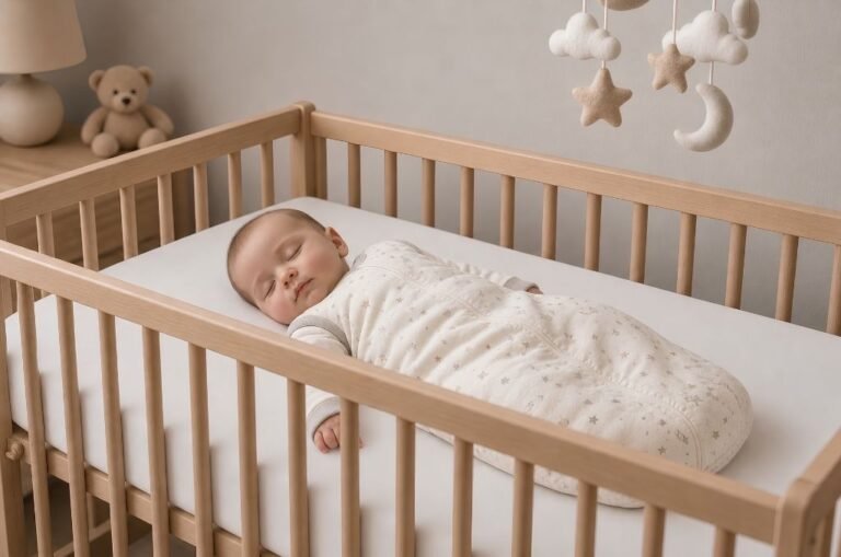 Bébé endormi dans son lit à barreaux, sur le dos, en gigoteuse, matelas nu sans oreiller ni couverture