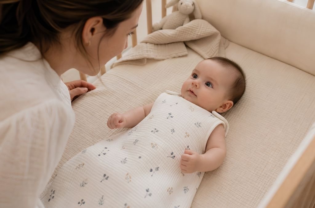 Bébé endormi paisiblement dans une gigoteuse blanche dans un berceau en bois naturel