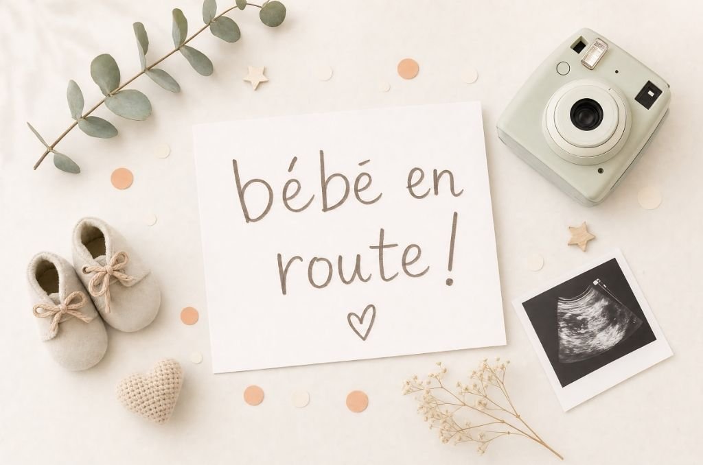 Accessoires pour une annonce de grossesse originale : chaussons bébé, echo, polaroid et confettis
