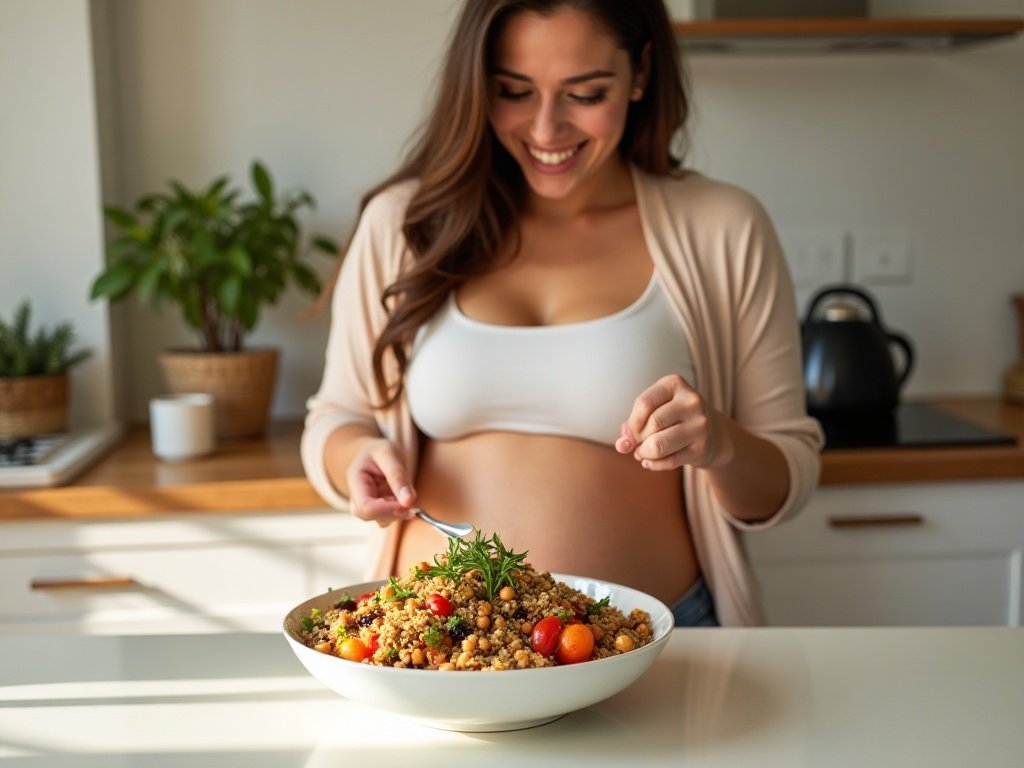 Femme enceinte au deuxième trimestre qui mange un bol de quinoa et légumes colorés riche en calcium et fer