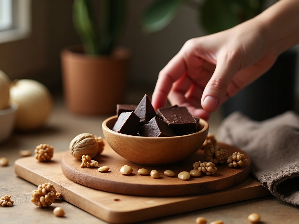 Chocolat noir, noix et graines de courge, sources naturelles de magnésium pour les crampes pendant la grossesse