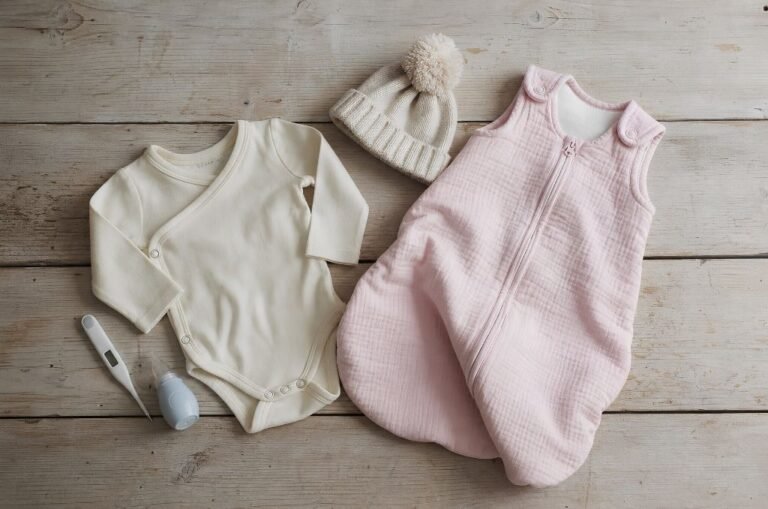 Body bébé écru et gigoteuse rose pour une liste de naissance indispensables