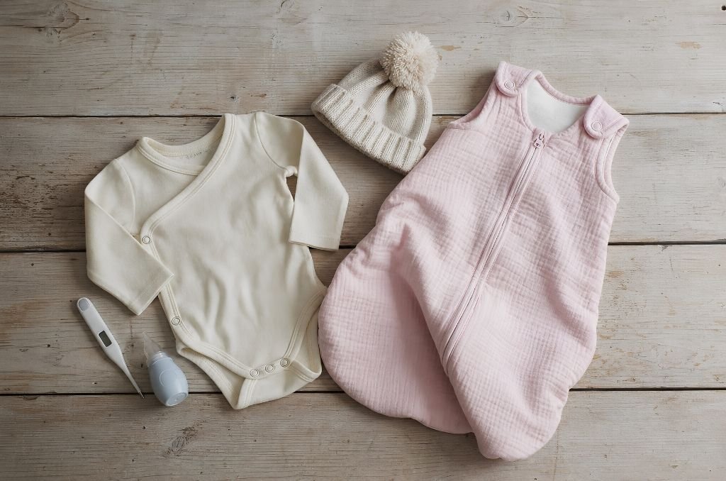Body bébé écru et gigoteuse rose pour une liste de naissance indispensables