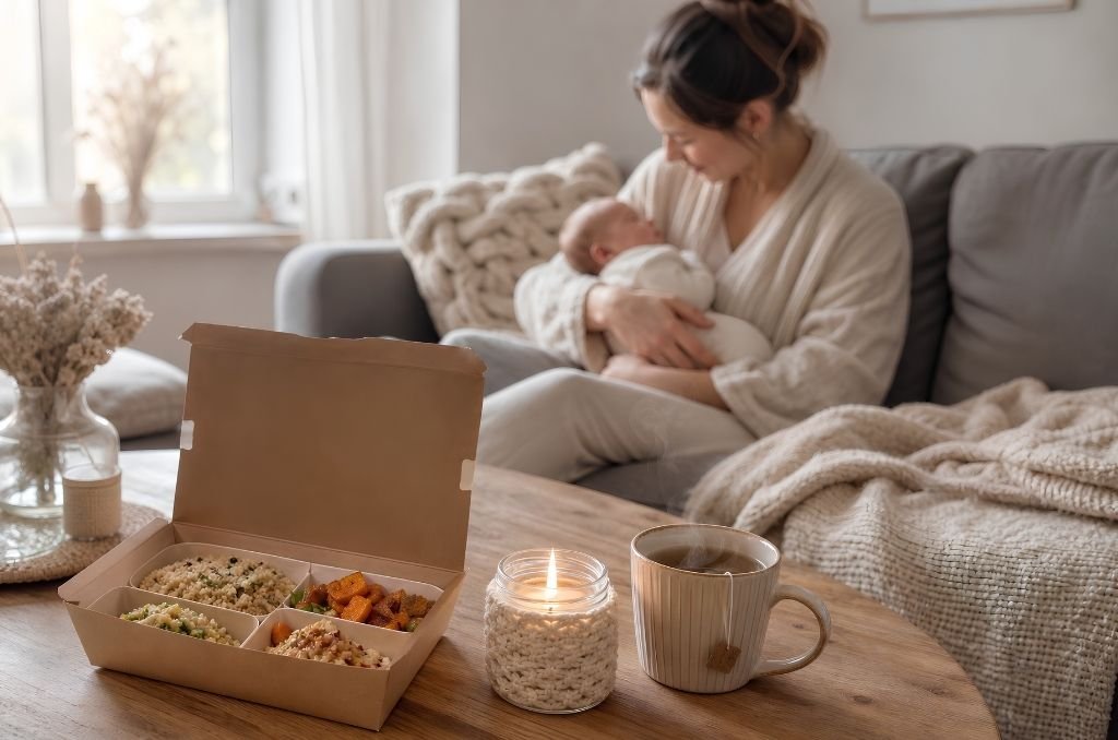 Jeune maman avec son nouveau-né et un repas livré sur la table basse