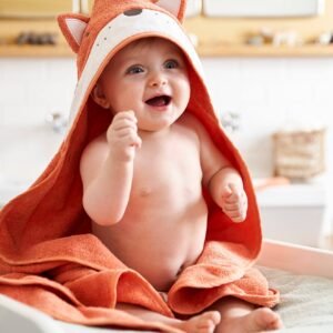 Cape de bain bébé et gant renard Vertbaudet