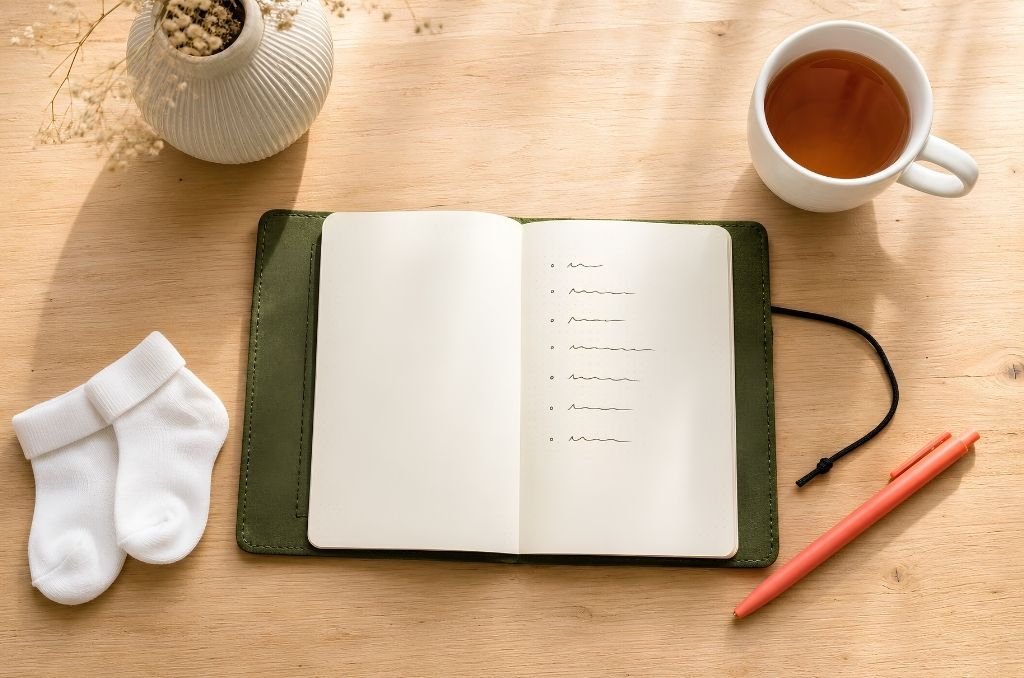 Commencer sa liste de naissance : carnet ouvert avec des notes manuscrites