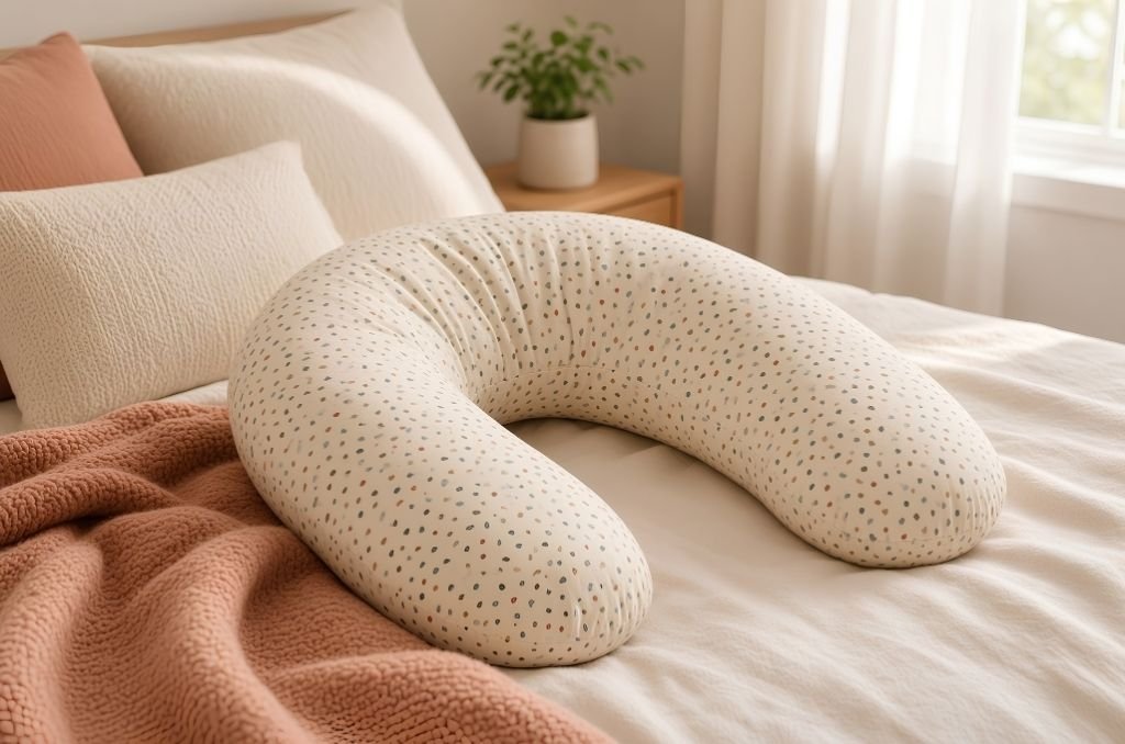 Oreiller de grossesse en U sur un lit avec linge blanc