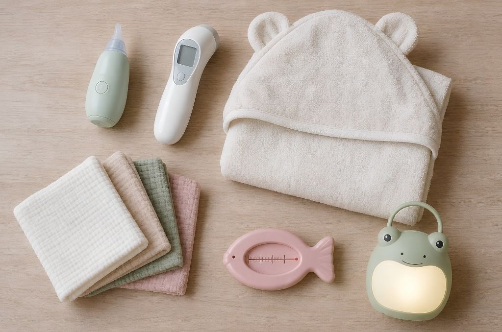 Cadeau de naissance original : sélection de cadeaux bébé posés sur une table en bois