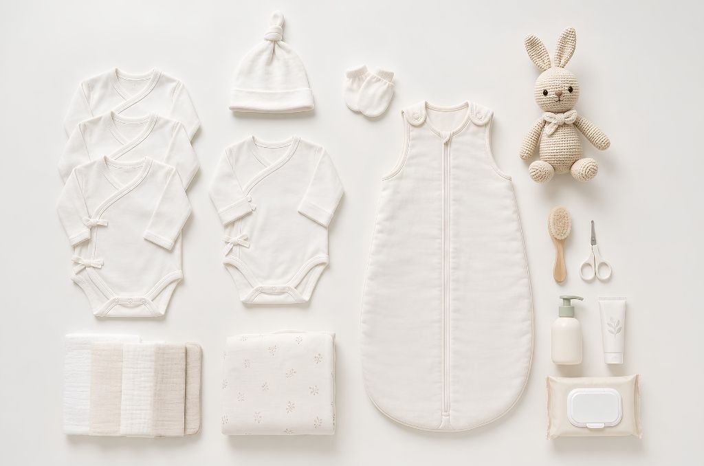 Essentiels bébé pour la valise de maternité : bodies, couche, mousseline, bonnet