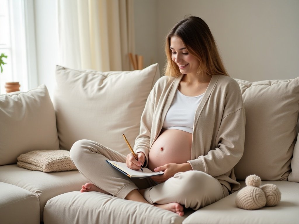 Future maman qui rédige sa liste de naissance bébé complète sur un carnet