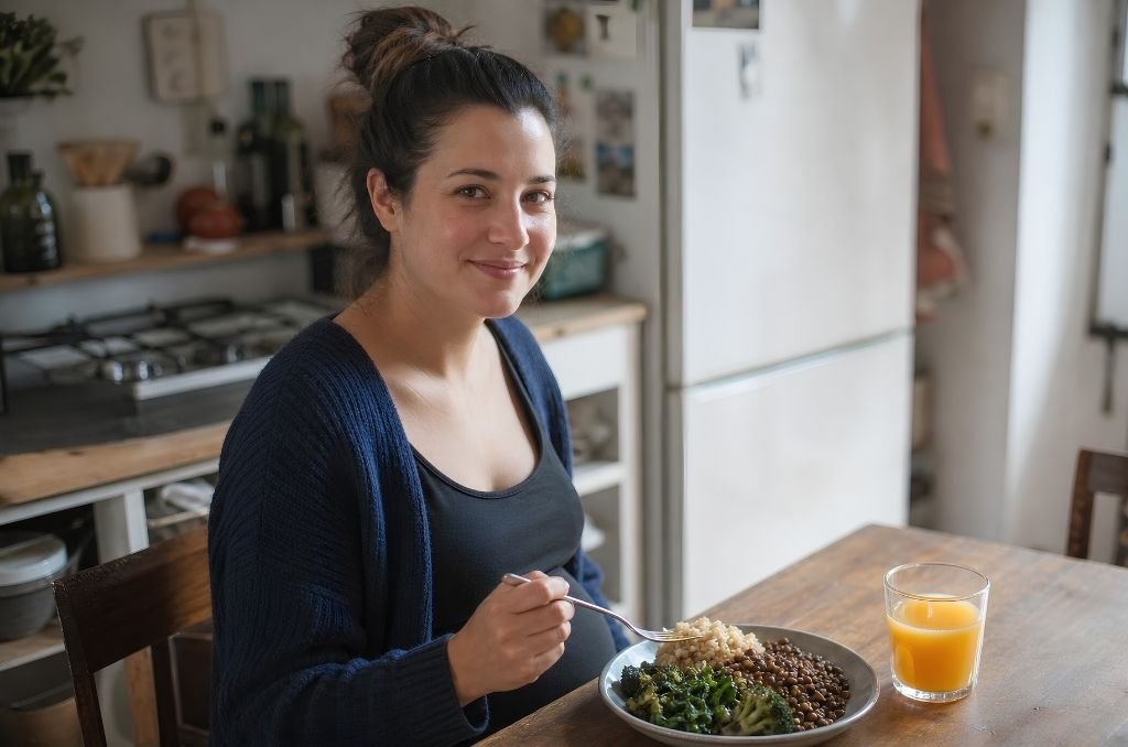 Femme enceinte mangeant un repas riche en fer avec des quartiers d'orange pour booster l'absorption grâce à la vitamine C