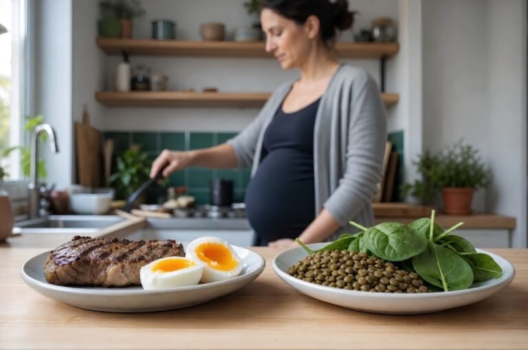 Fer pendant la grossesse : femme enceinte cuisinant une source de fer héminique, viande et œuf, à côté de légumineuses riches en fer