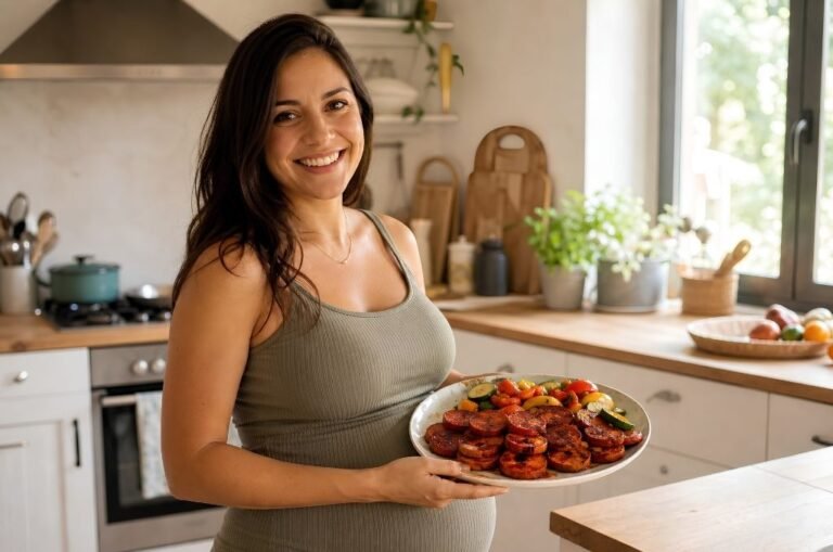 Chorizo enceinte : femme enceinte souriante tenant une assiette de chorizo grillé dans sa cuisine