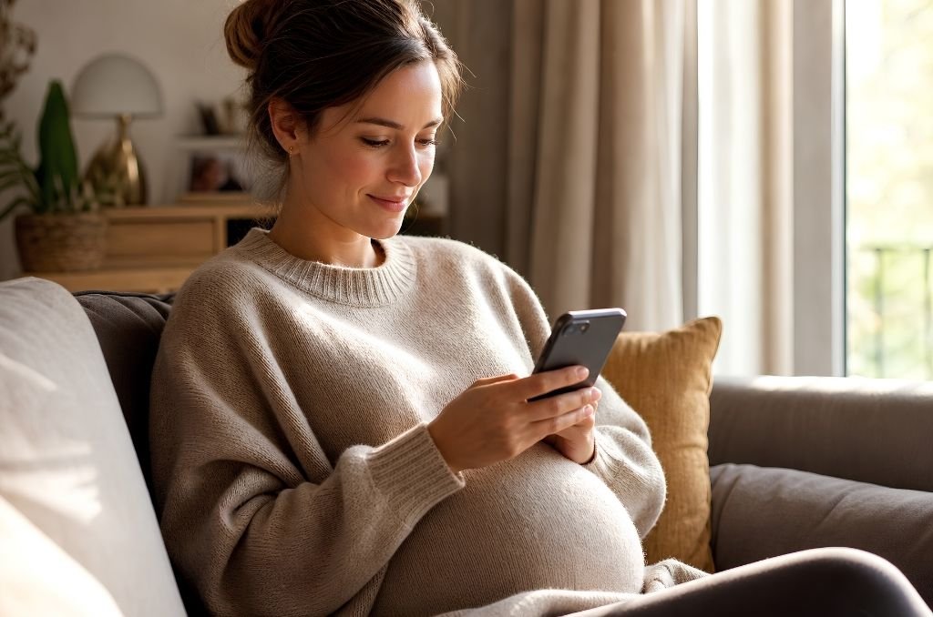 Femme enceinte consultant sa cagnotte naissance en ligne sur son téléphone