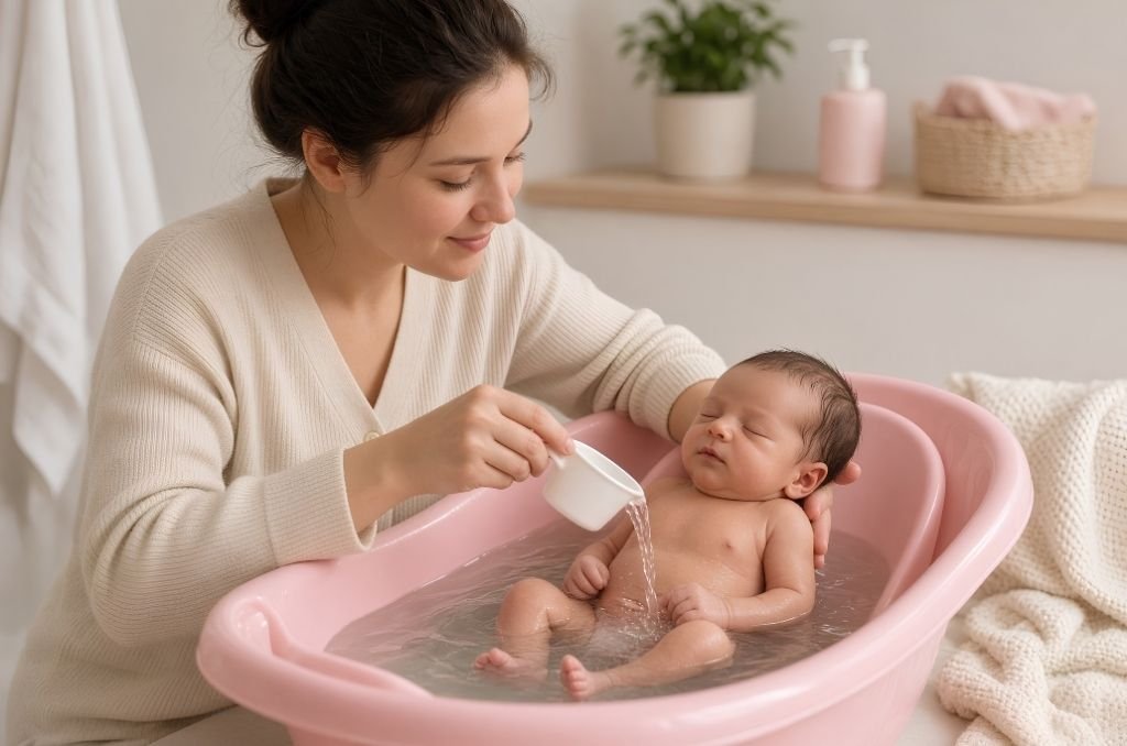 Bain du soir pour un nouveau-né, mains parentales bienveillantes, lumière chaude et apaisante