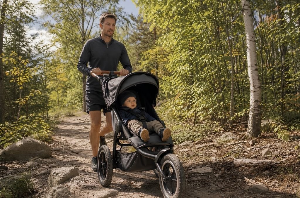 Poussette tout-terrain adaptée aux sentiers et chemins accidentés