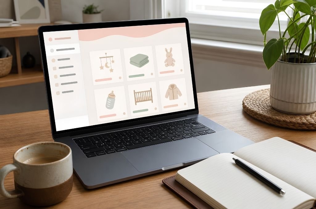 Ordinateur ouvert sur une liste de naissance en ligne avec un carnet de notes à côté