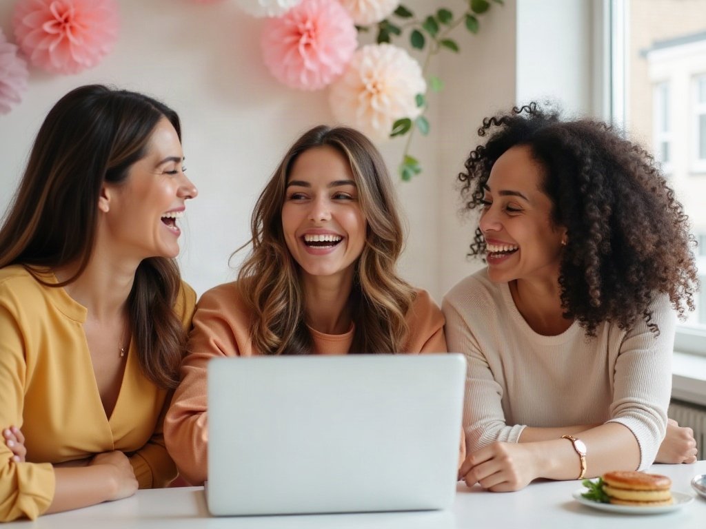 Amies qui partagent et discutent d'une liste de naissance en ligne