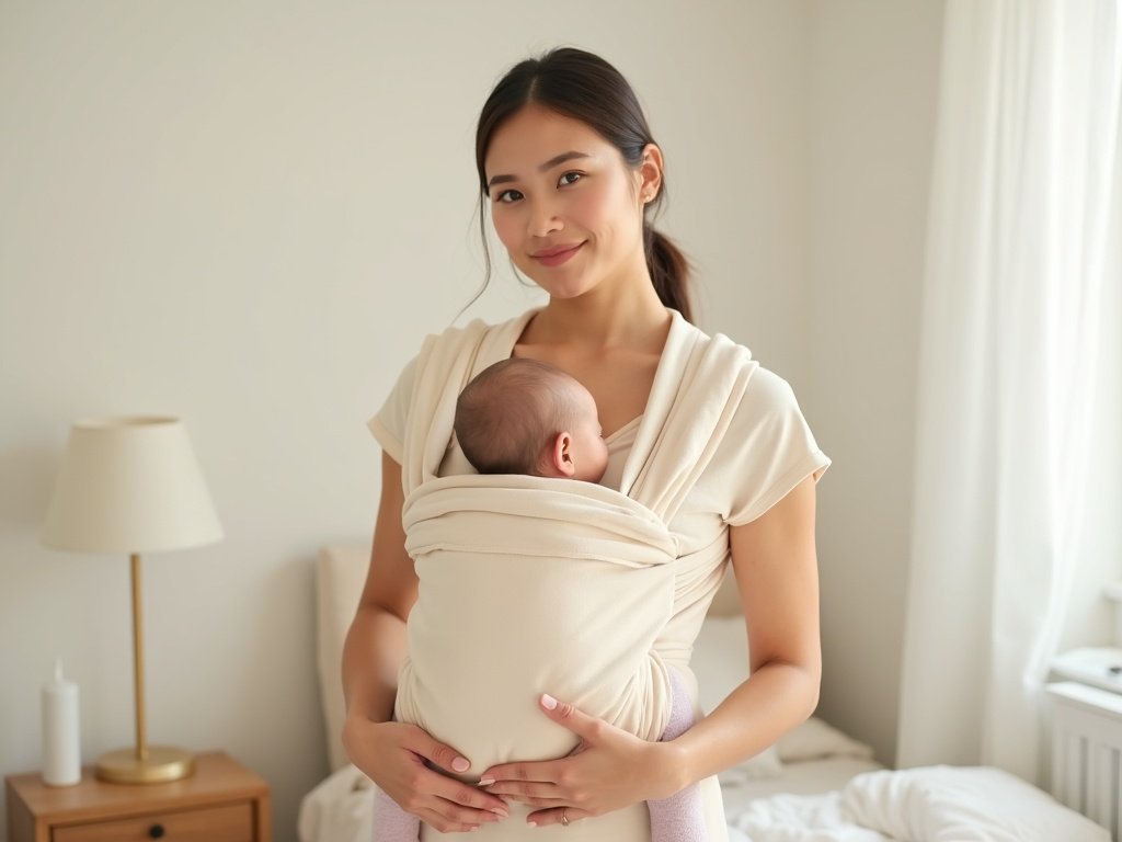 Jeune maman portant son nouveau-né dans un porte-bébé physiologique dans un appartement lumineux