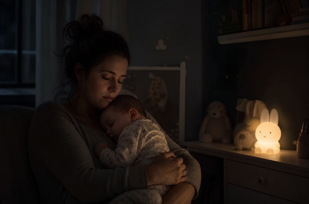 Maman épuisée tenant son bébé endormi la nuit, lumière tamisée et apaisante