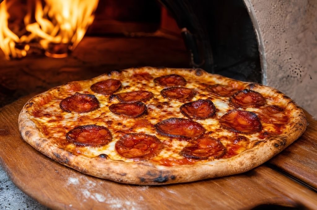 Pizza au chorizo bien cuite sortant du four, chorizo grillé et fromage fondu