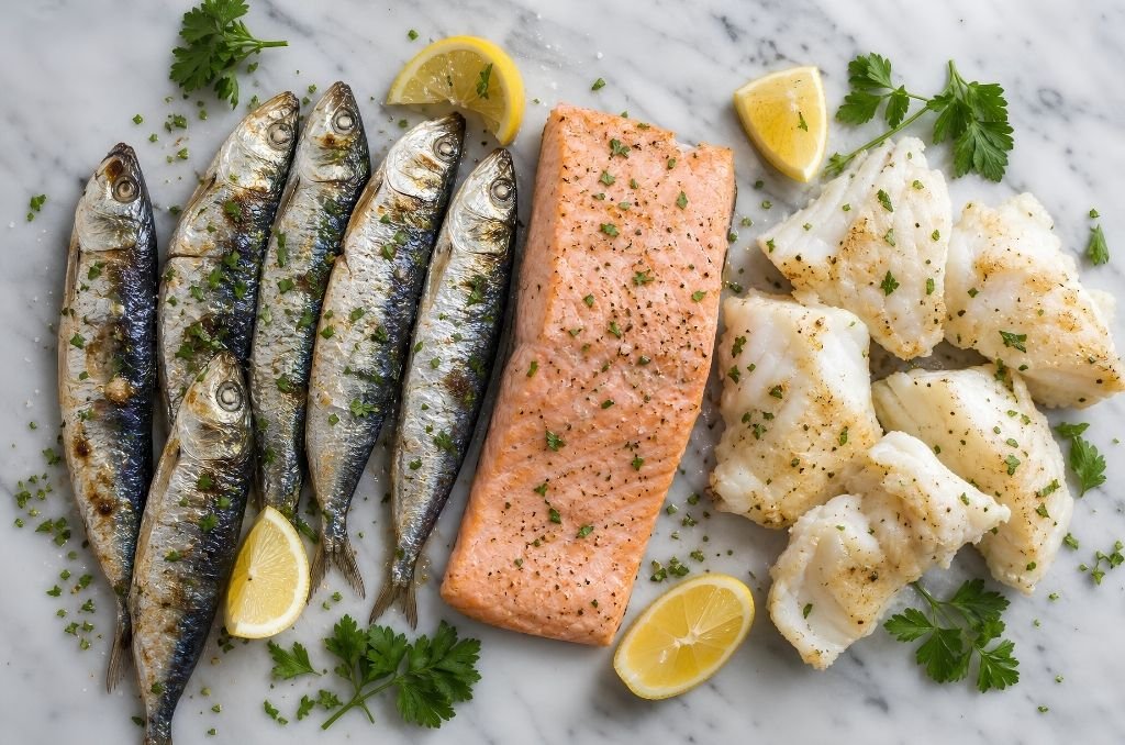 Variété de poissons frais autorisés pendant la grossesse : sardines, maquereau, saumon et cabillaud