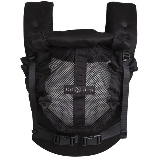 porte-bebe-physiocarrier Porte-bébé Love Radius PhysioCarrier V2 noir vu de face, avec panneau central en filet