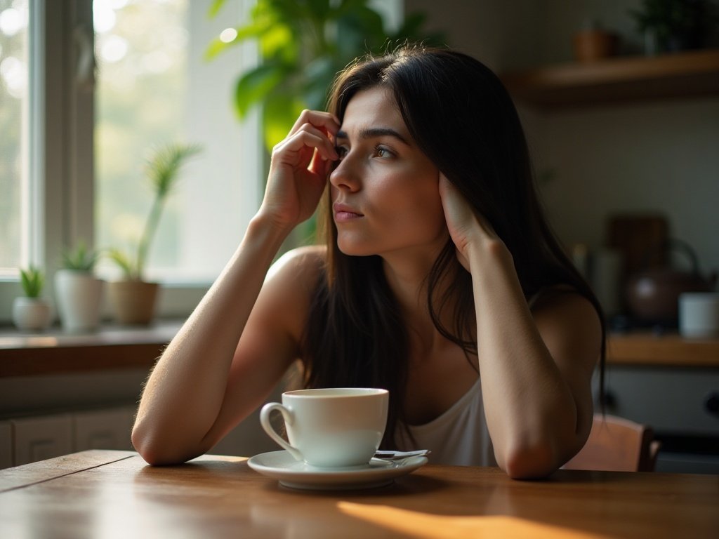 Jeune femme fatiguée tenant une tasse de tisane, symptôme courant de début de grossesse