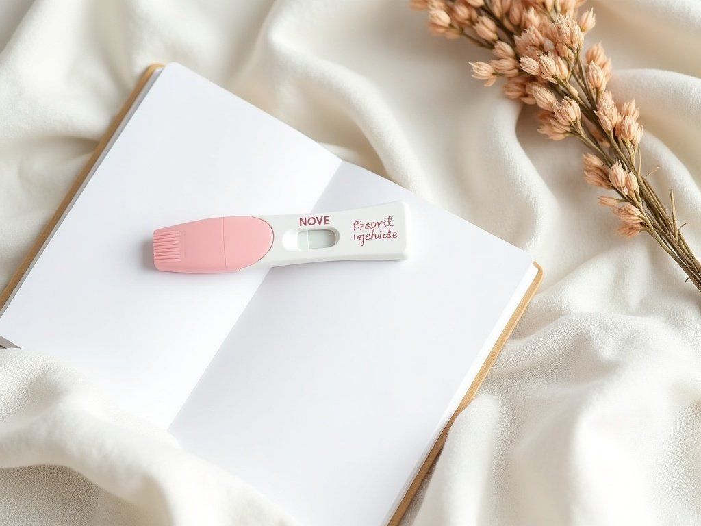Test de grossesse positif posé sur un tissu blanc avec un carnet de notes