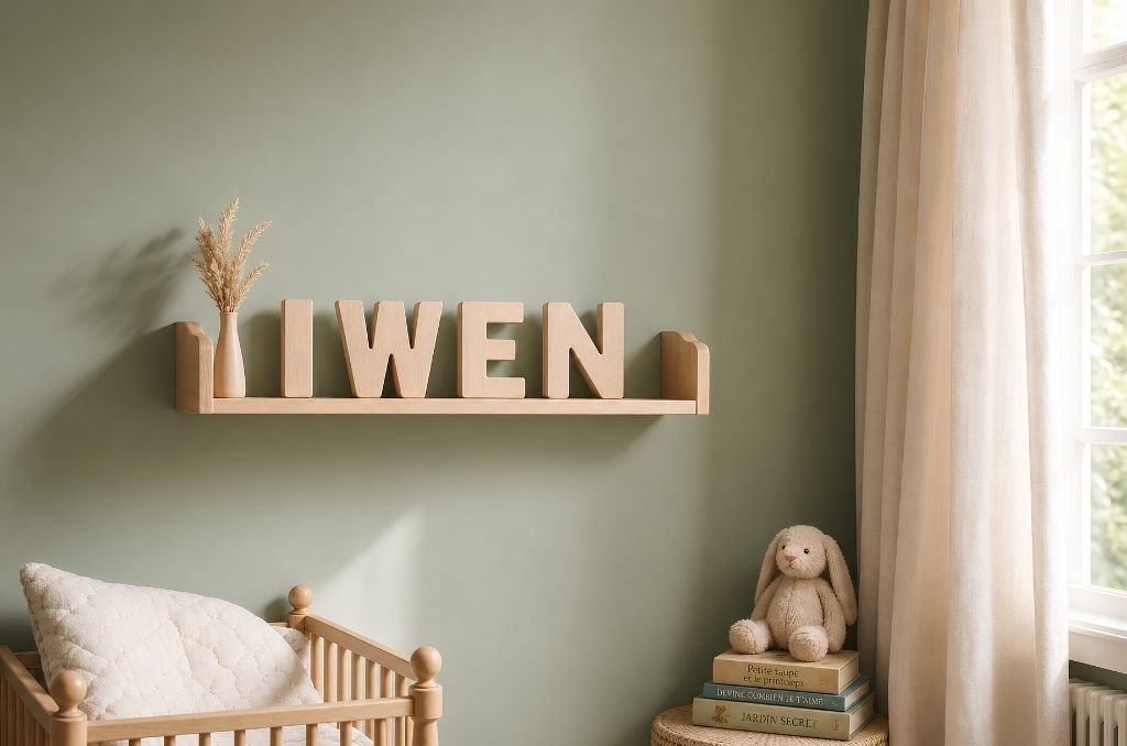 Idée de prénom rare et joli pour un garçon : chambre de bébé minimaliste avec lettres décoratives en bois, tons vert sauge et lin
