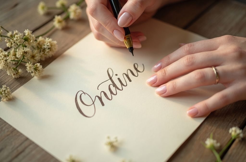 Main écrivant un prénom rare de fille en cursive sur du papier crème