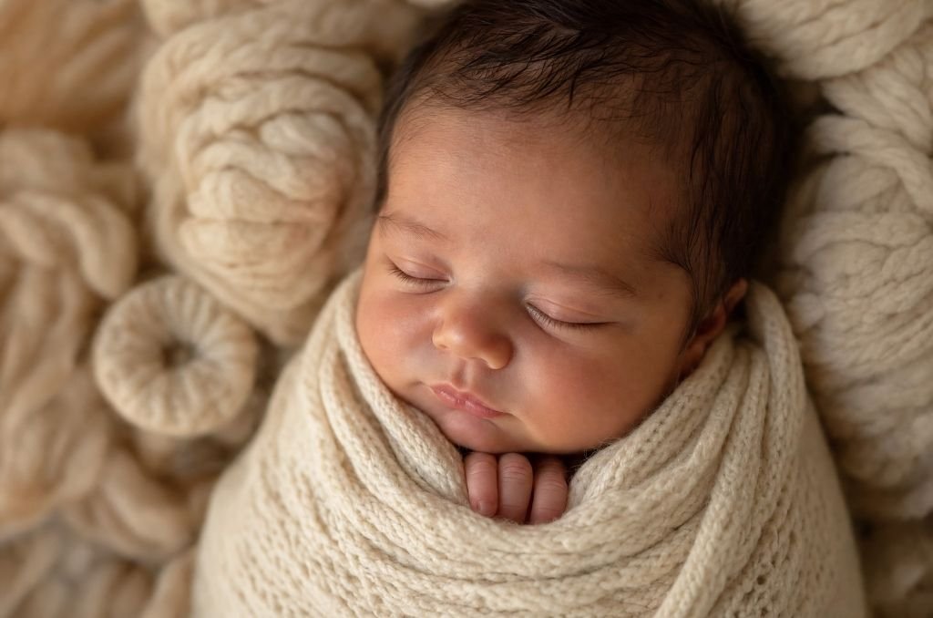 Bébé fille endormie enveloppée dans une couverture en tricot crème