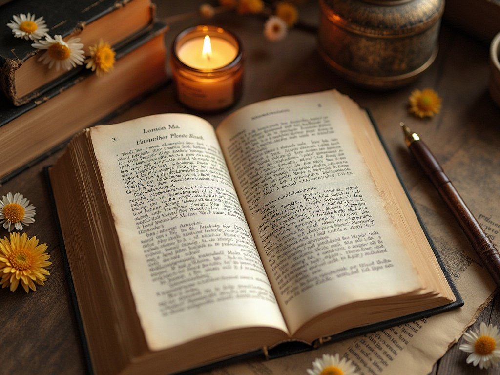 Dictionnaire étymologique ouvert entouré de fleurs séchées, ambiance livresque chaleureuse pour recherche de prénoms