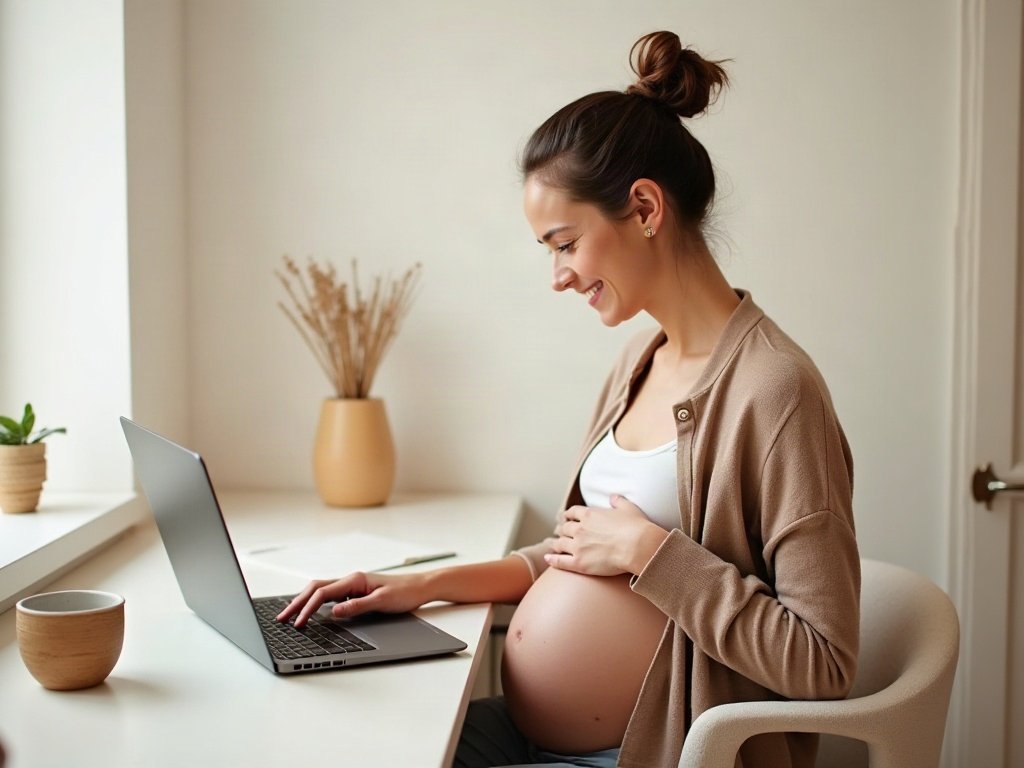 Future maman au deuxième trimestre qui finalise sa liste de naissance sur son ordinateur