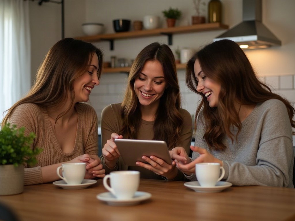 Amies qui consultent ensemble une liste de naissance sur une tablette
