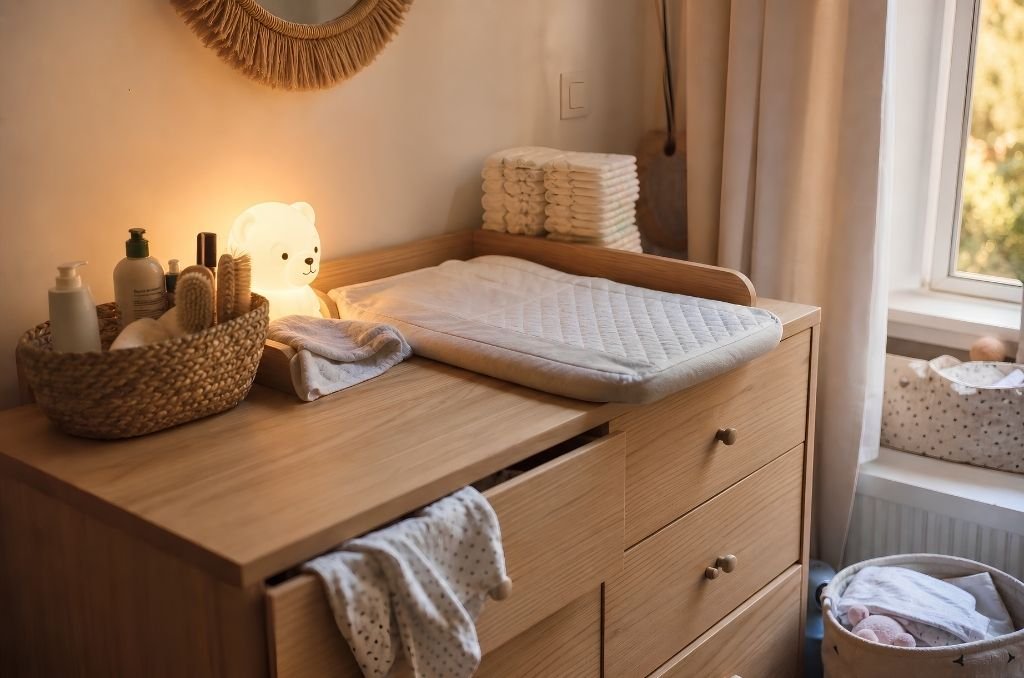 Table à langer prête pour la liste de naissance indispensables : couches, lingettes et soins bébé
