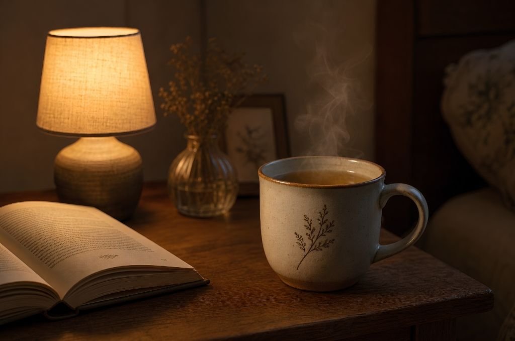 Tisane chaude et livre sur une table de chevet pour une routine du soir pendant la grossesse