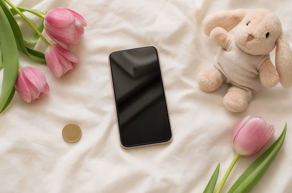 Téléphone portable posé à plat, prêt pour créer une cagnotte naissance en ligne