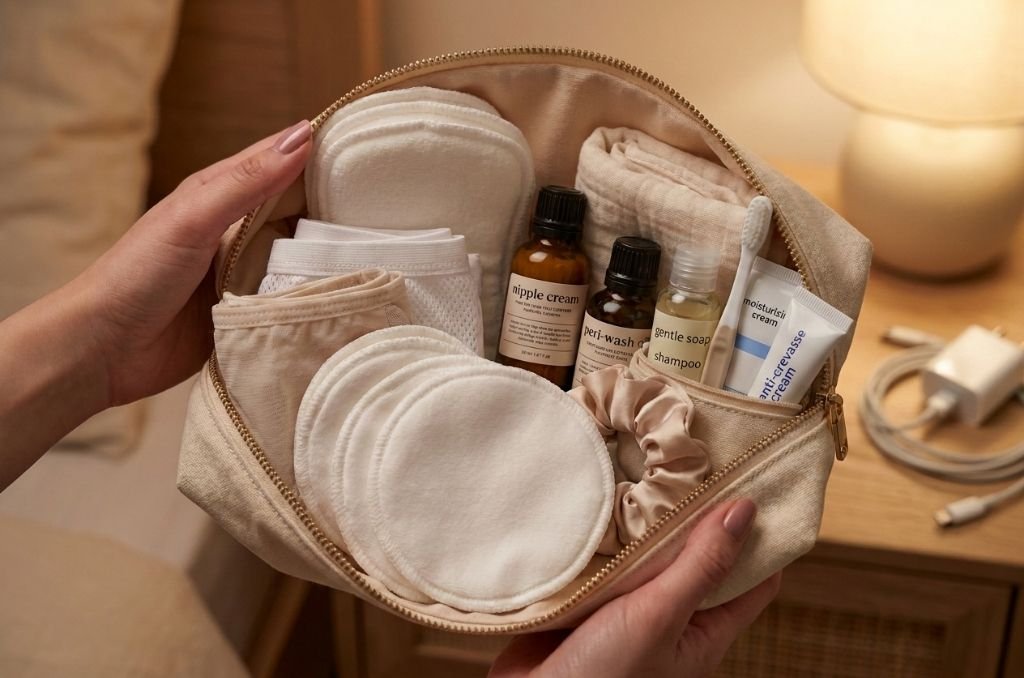 Trousse de toilette maman avec coussinets d'allaitement, crème mamelons et accessoires confort