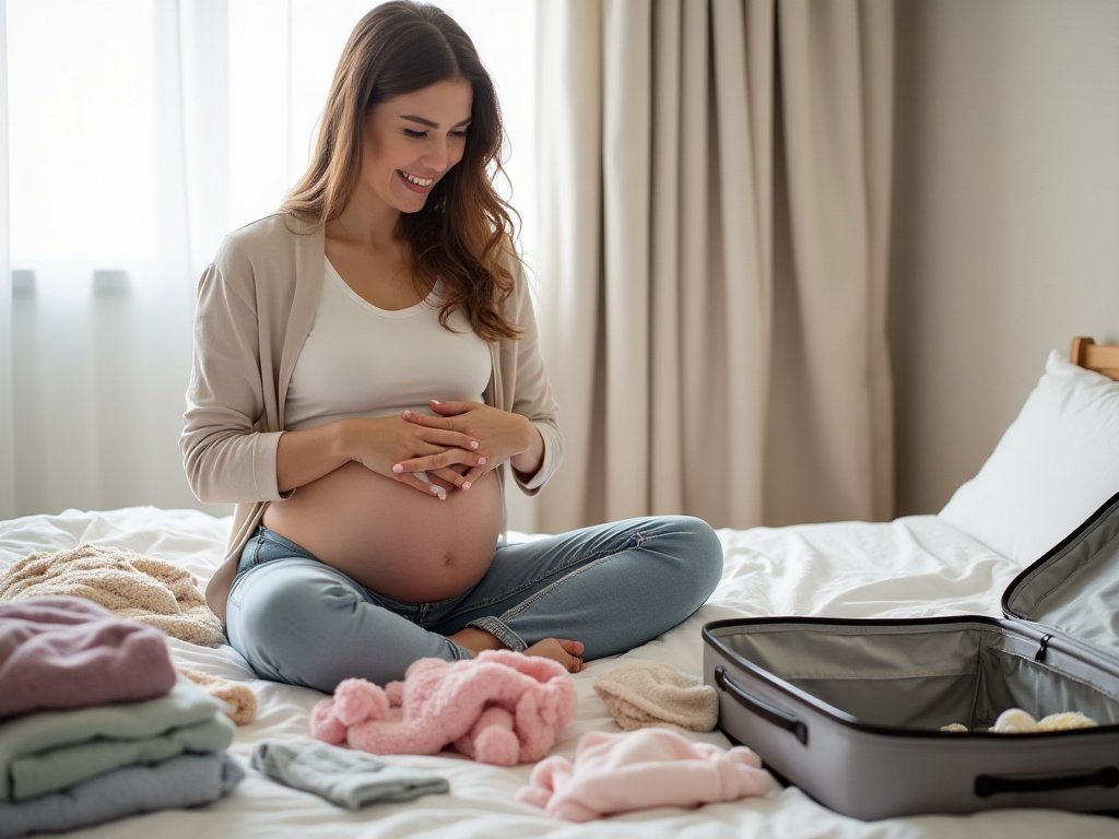 Future maman qui prépare sa valise de maternité sur son lit