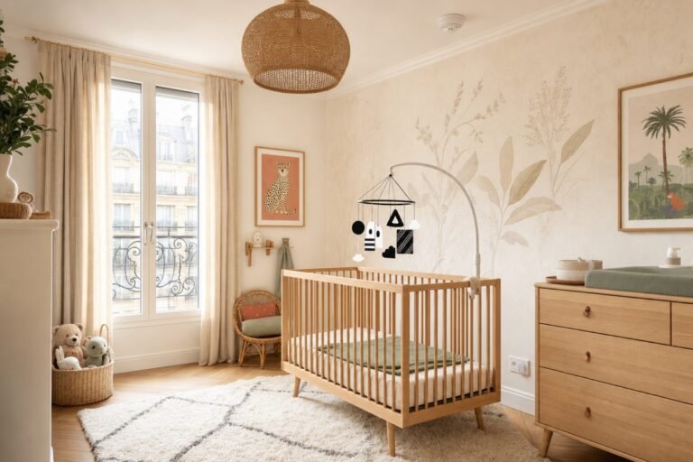 Chambre de bébé sécurisée avec lit à barreaux, détecteur de fumée au plafond et cache-prise, style scandinave