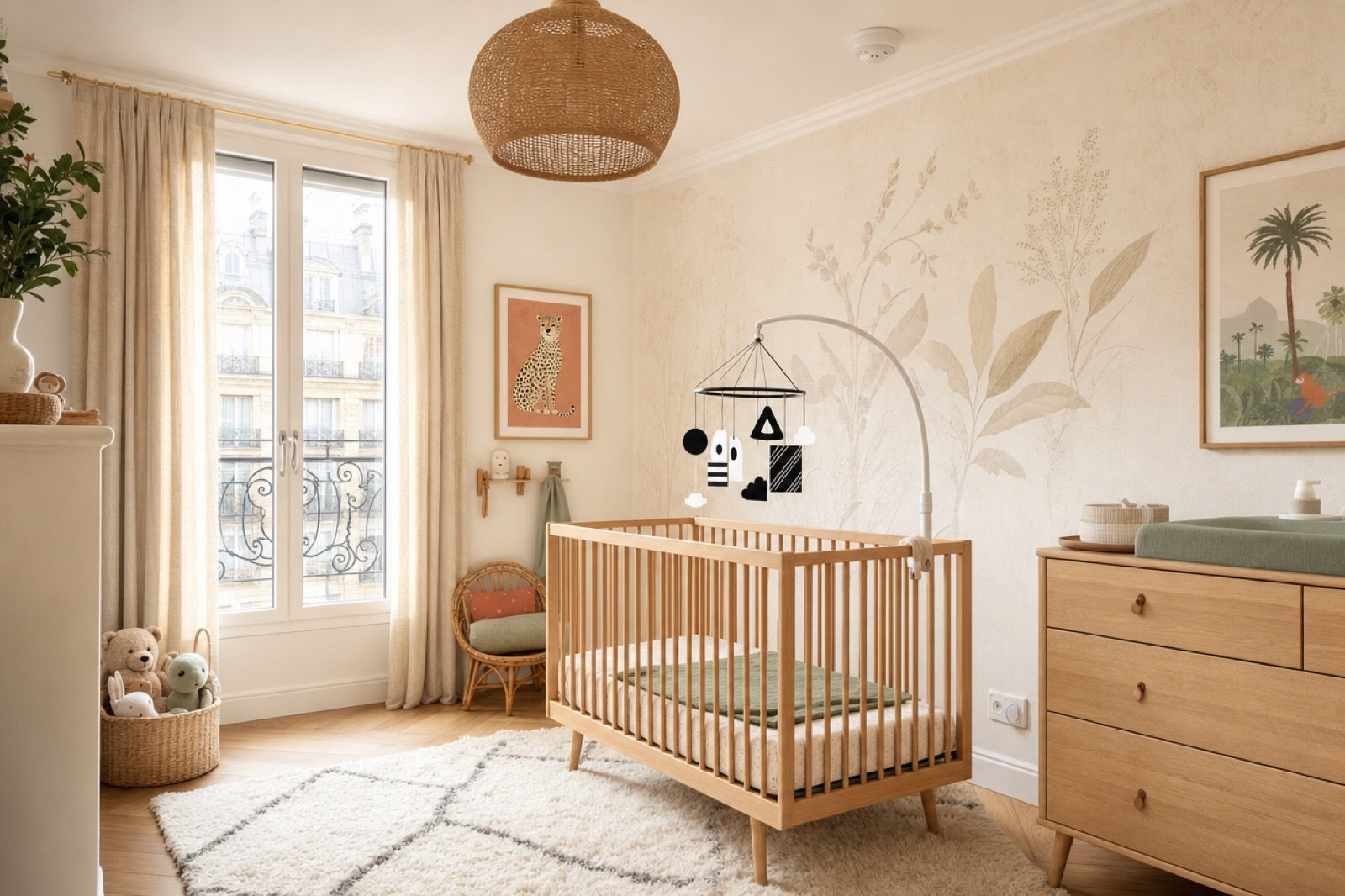 Chambre de bébé sécurisée avec lit à barreaux, détecteur de fumée au plafond et cache-prise, style scandinave