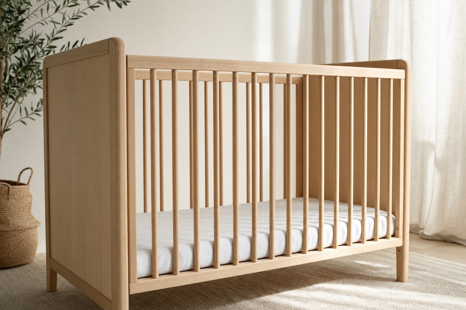 Lit à barreaux en bois clair vide dans une chambre de bébé claire et épurée