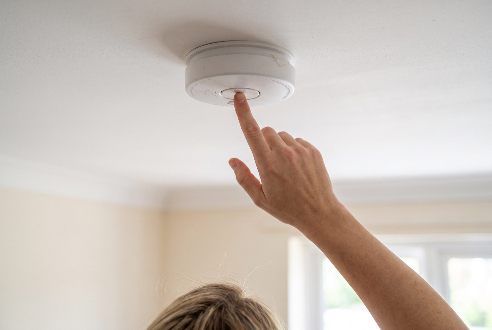 Détecteur de fumée blanc installé au plafond d'une chambre de bébé, bouton test