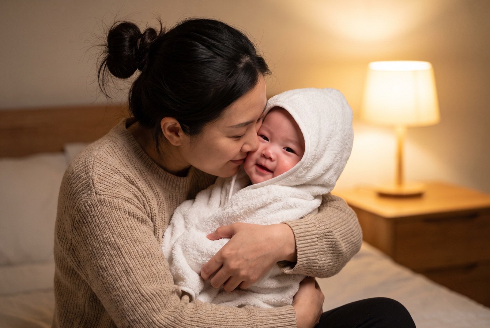 Mère tenant son bébé enveloppé dans une serviette après le bain du soir, rituel du coucher