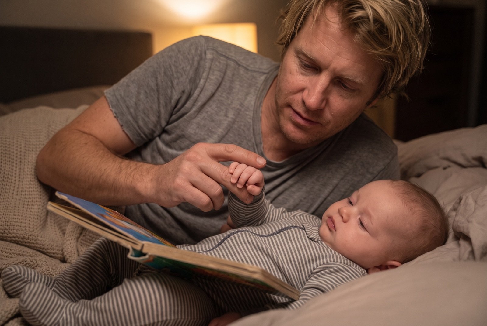 Père lisant un livre cartonné à son bébé somnolent lors du rituel du coucher