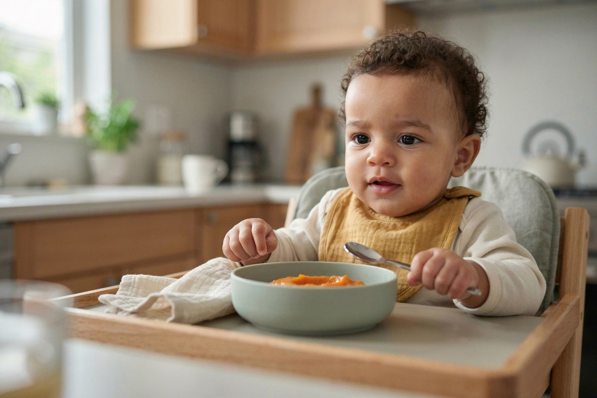 Bébé de 6 mois assis regardant curieusement un bol de purée de carottes