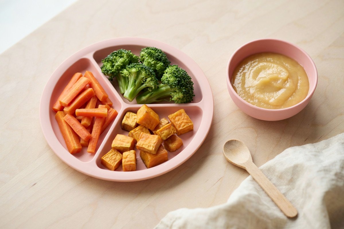 Plateau repas diversification bébé avec bâtonnets de légumes cuits et purée de fruits